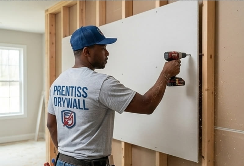 Prentiss Drywall crew member hanging a drywall panel on a framed wall