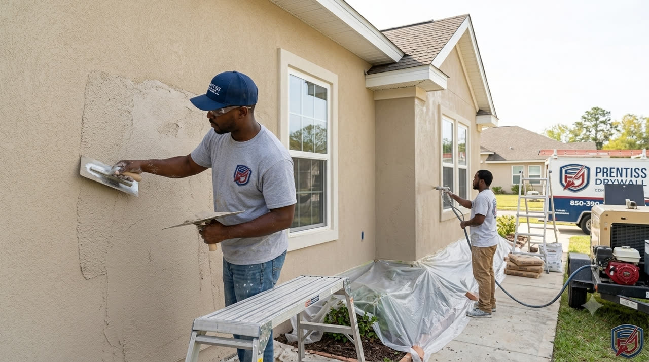 Prentiss Drywall crew applying and finishing exterior stucco on a Florida home, company truck in the background